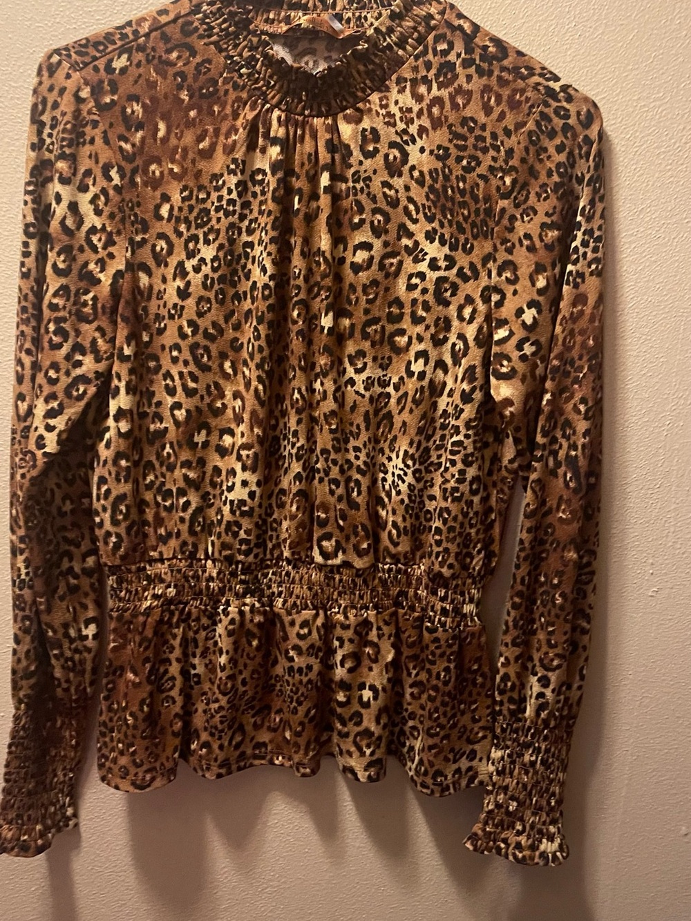 Belldini Leopard-Print Long Sleeve Peplum Top - Brown/Tan/Black